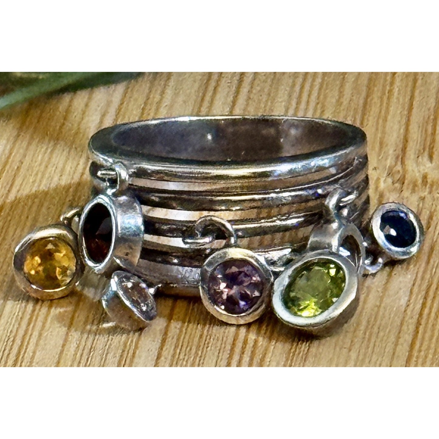 Vintage 90s Thai Sterling Silver Gemstone Dangle Ring Sz 8 Peridot Topaz Citrine