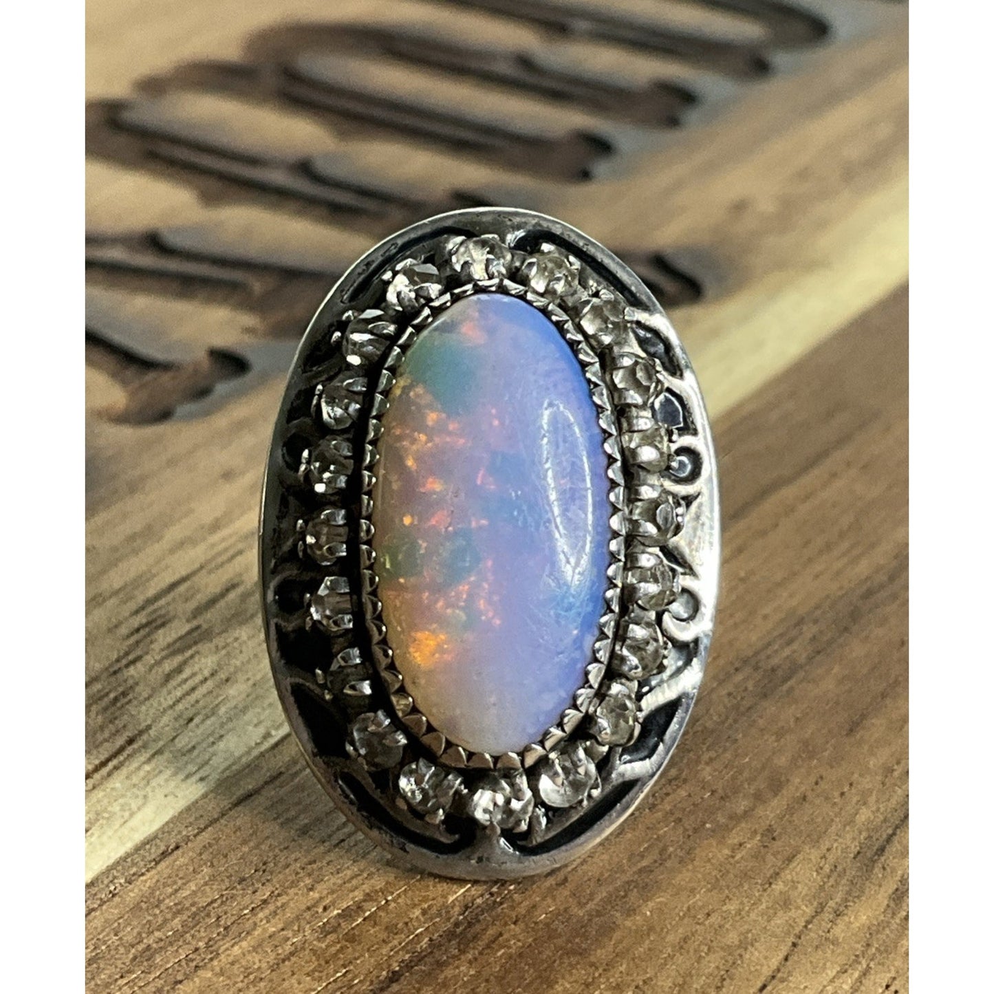 Vintage Opal Oval Cabochon Crystal Halo Sterling Silver Statement Ring 6.5