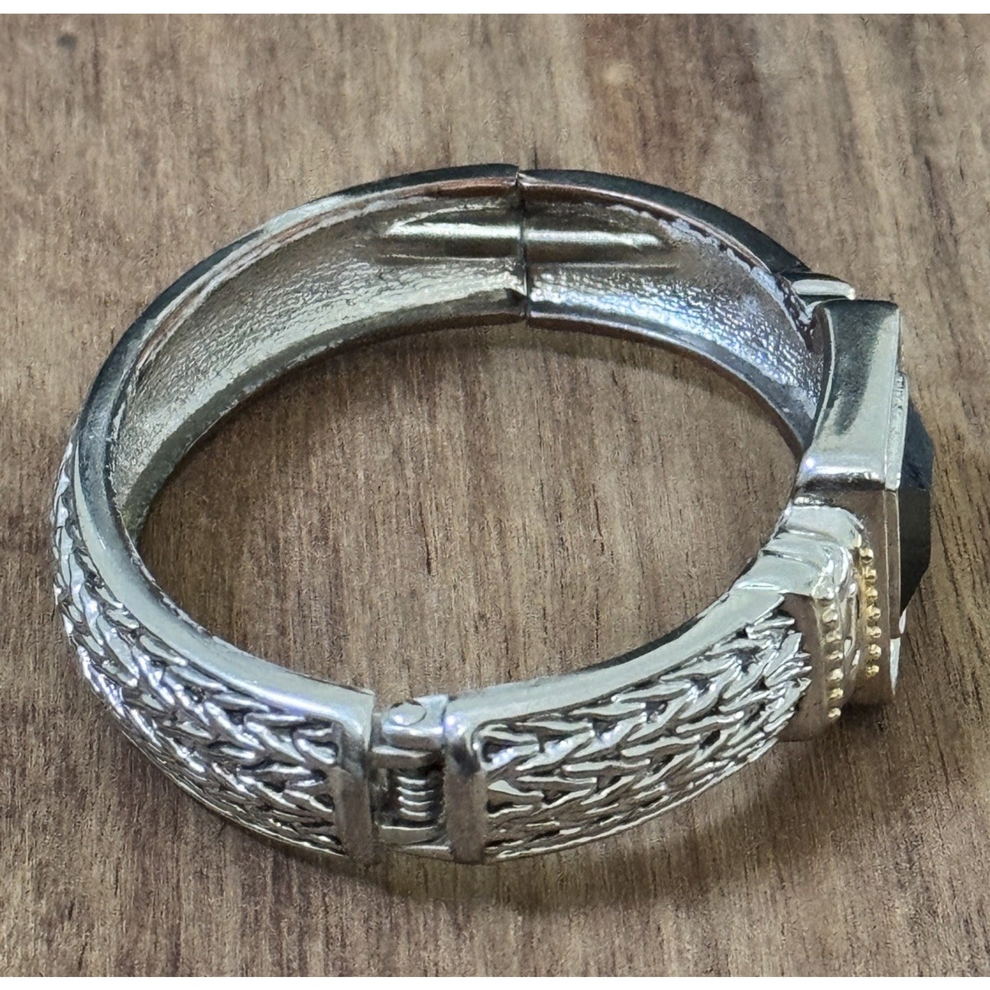 Black Stone Hinged Bangle Bracelet Silver And Gold Tone Designer Style