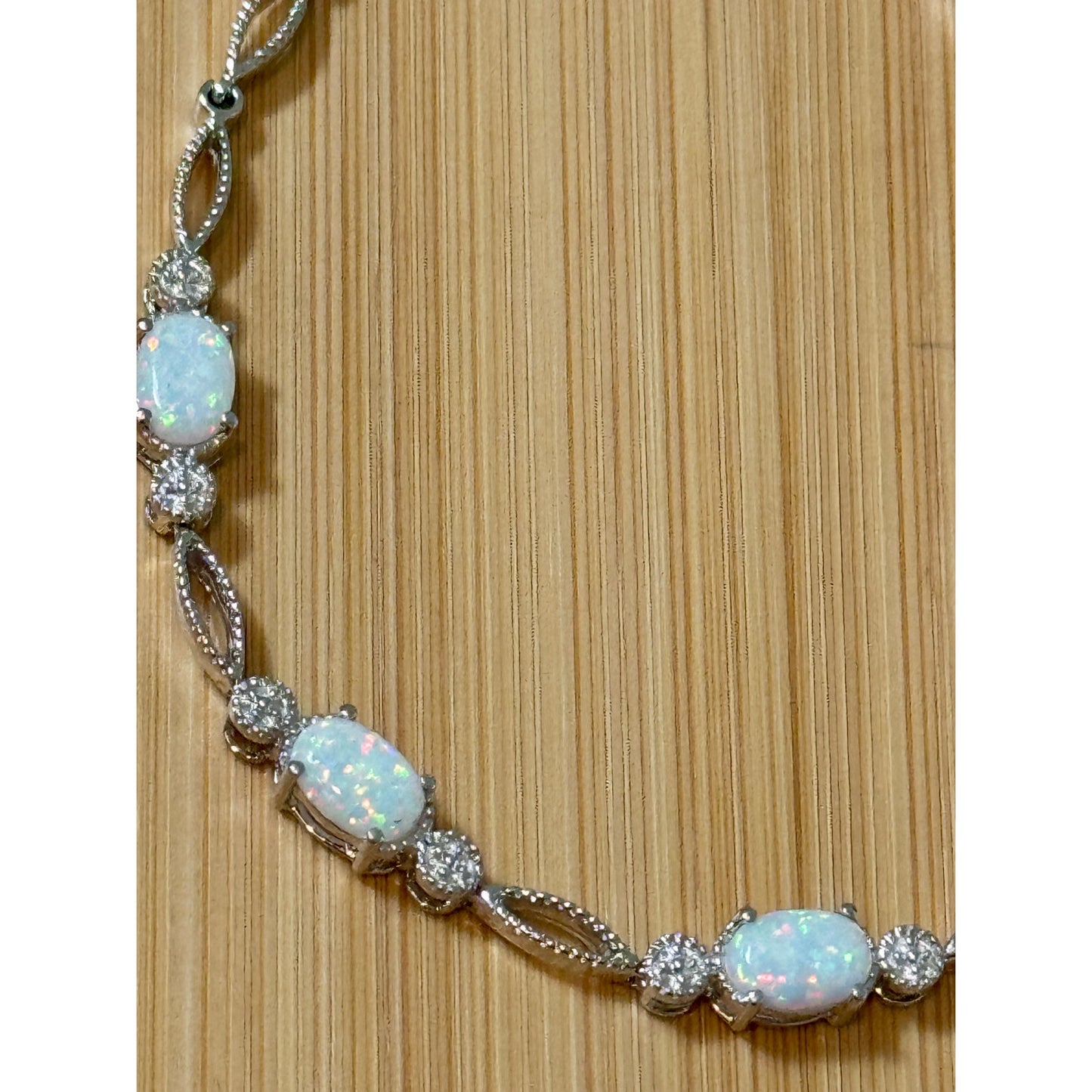 925 Sterling Silver Opal Cabachon Moissanite Bracelet 7.5” White Fire Opal 6g