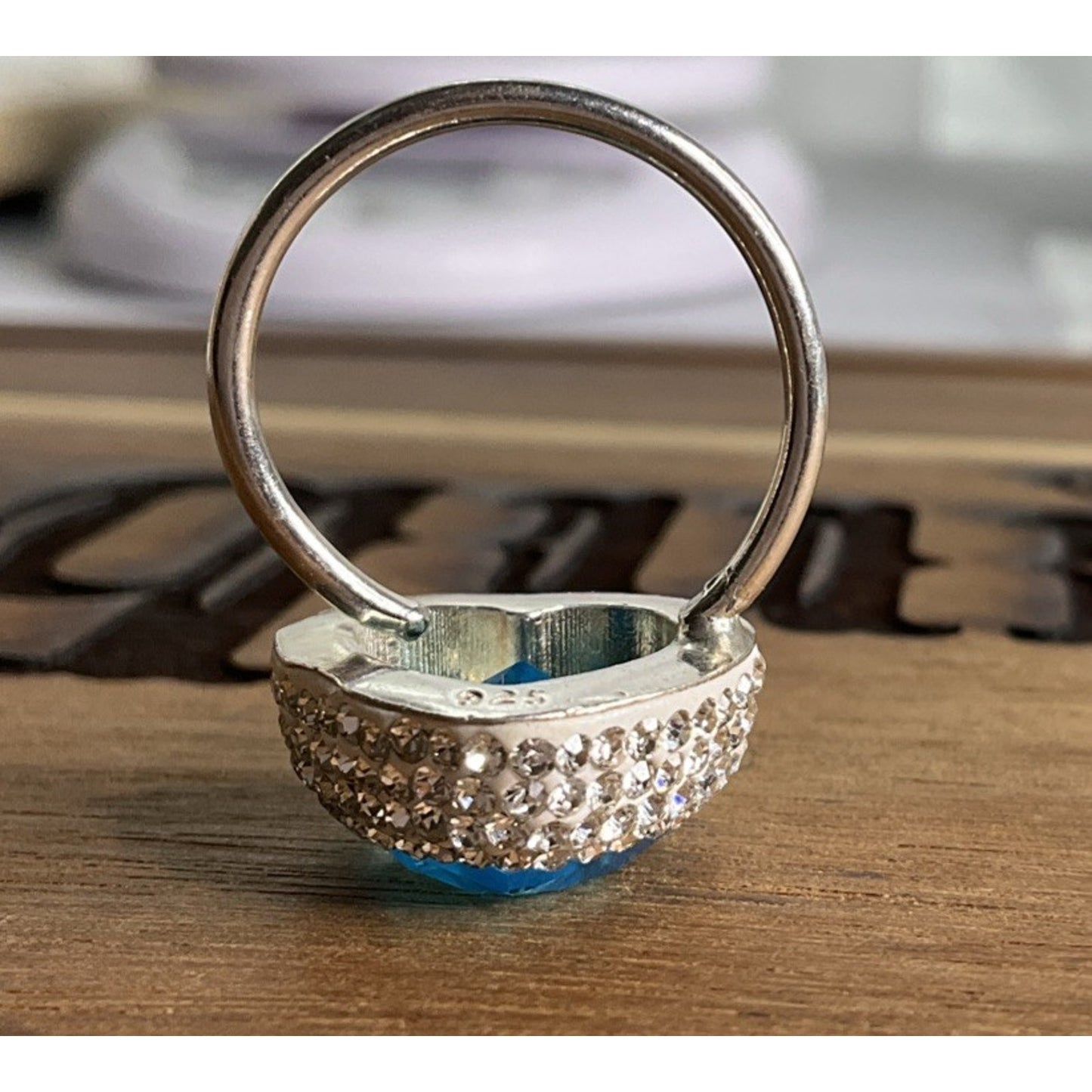 Sterling Silver Blue Heart Ring Adjustable Size 7 CZ Halo Romantic Gift Ring 925