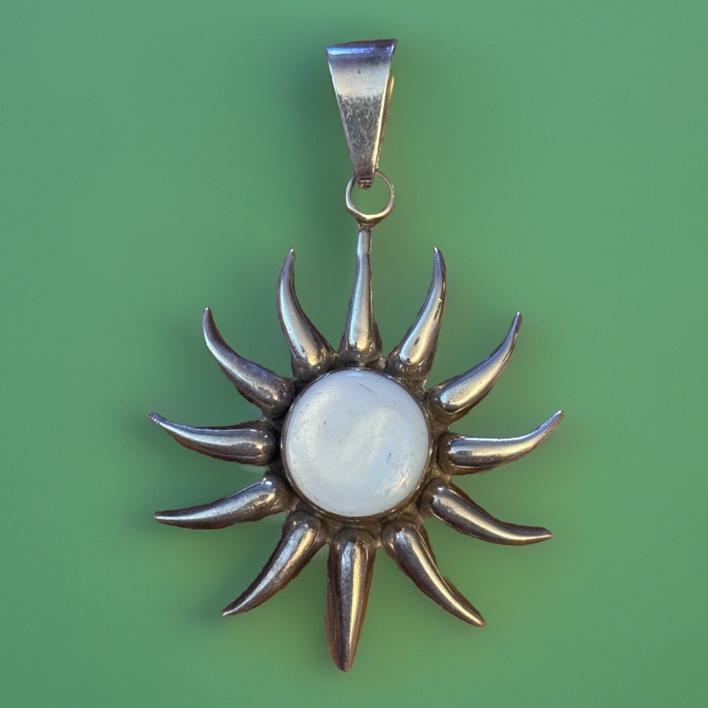 Vintage Large Sterling Silver Celestial Sunburst Pendant 3” White Cabochon 24.4g