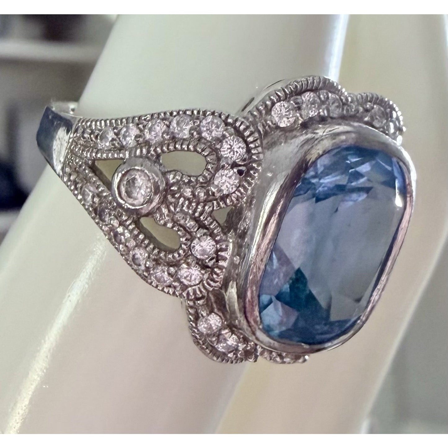 Vintage ESPO 925 Sterling Silver Blue Cushion Gemstone CZ Cocktail Ring Size 7.5