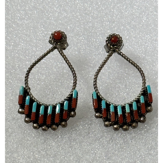 Vintage Zuni Handmade Sterling Silver Turquoise & Coral Inlay Dangle Earrings