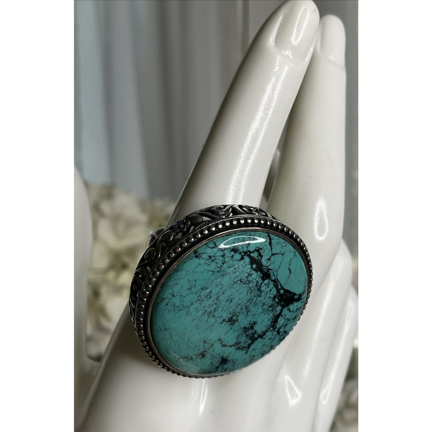 Large Sterling Silver Bold Turquoise Statement Ring Filigree Wide Band Size 8