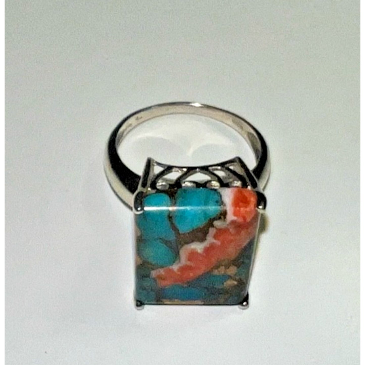Handmade Sterling Silver Multicolor Mohave Turquoise & Spiny Oyster Ring 10.5