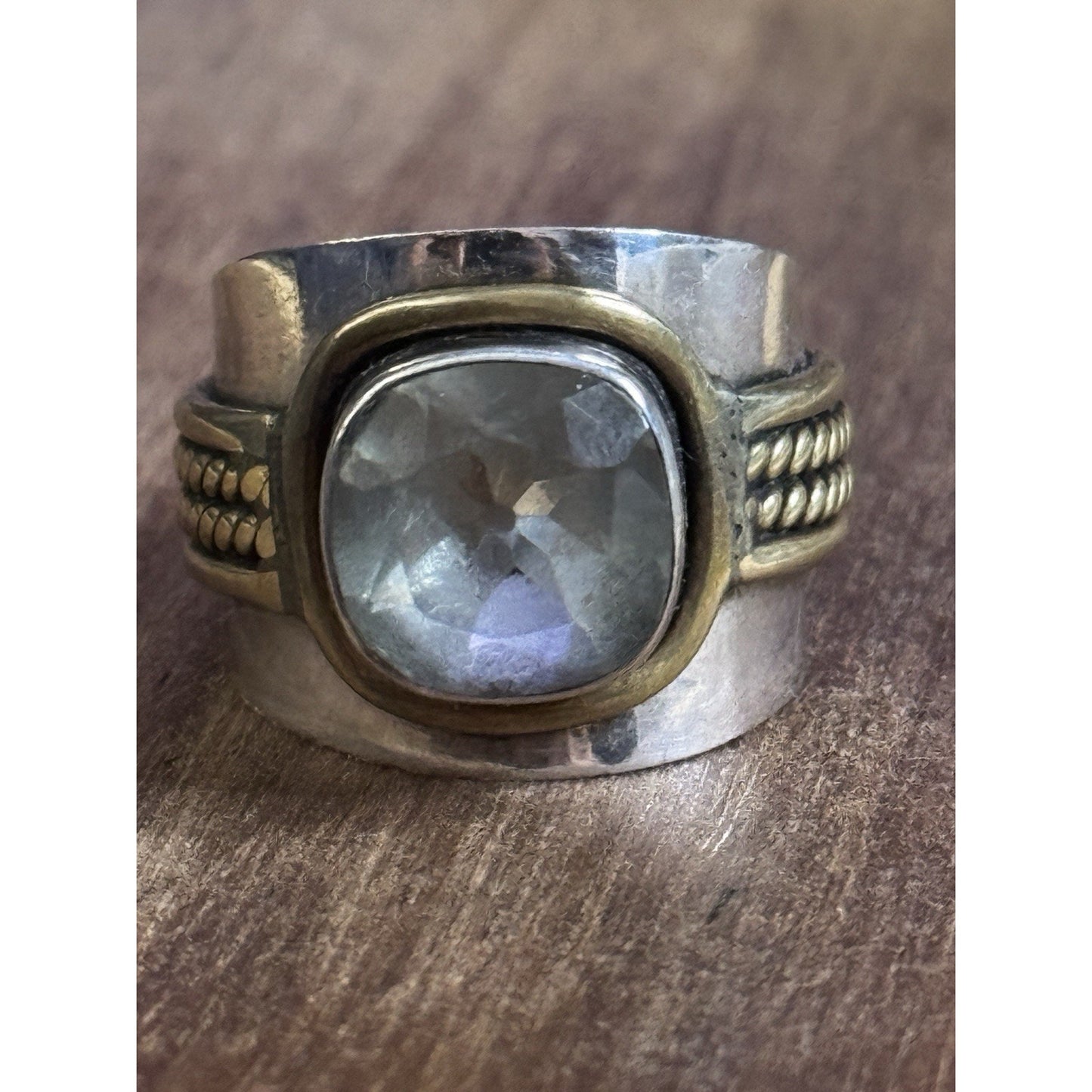 Vintage Sterling Silver & Brass Ring Green Amethyst Prasiolite Cushion Size 7.25
