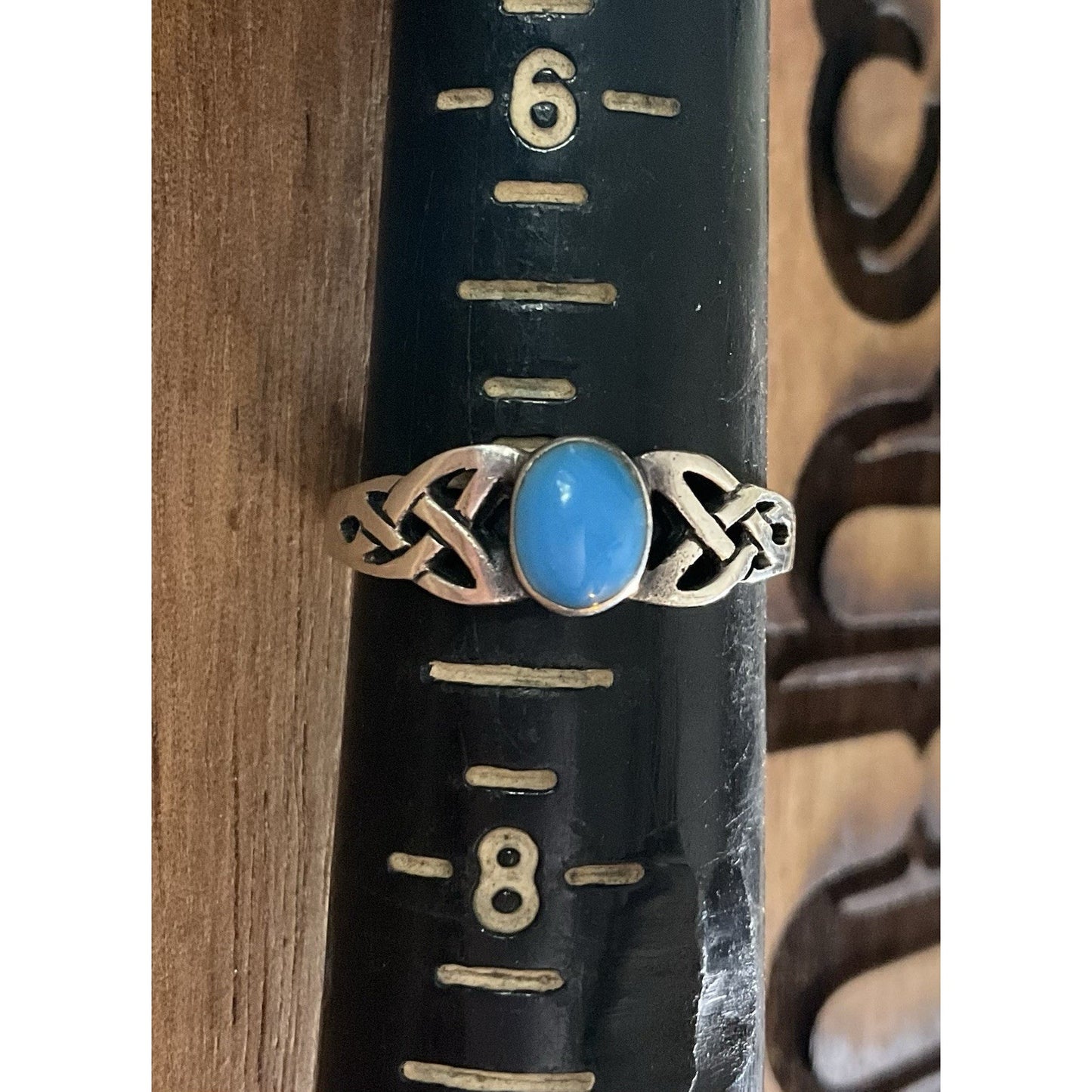 Sterling Silver Celtic Knot Ring with Blue Cabochon – Size 7