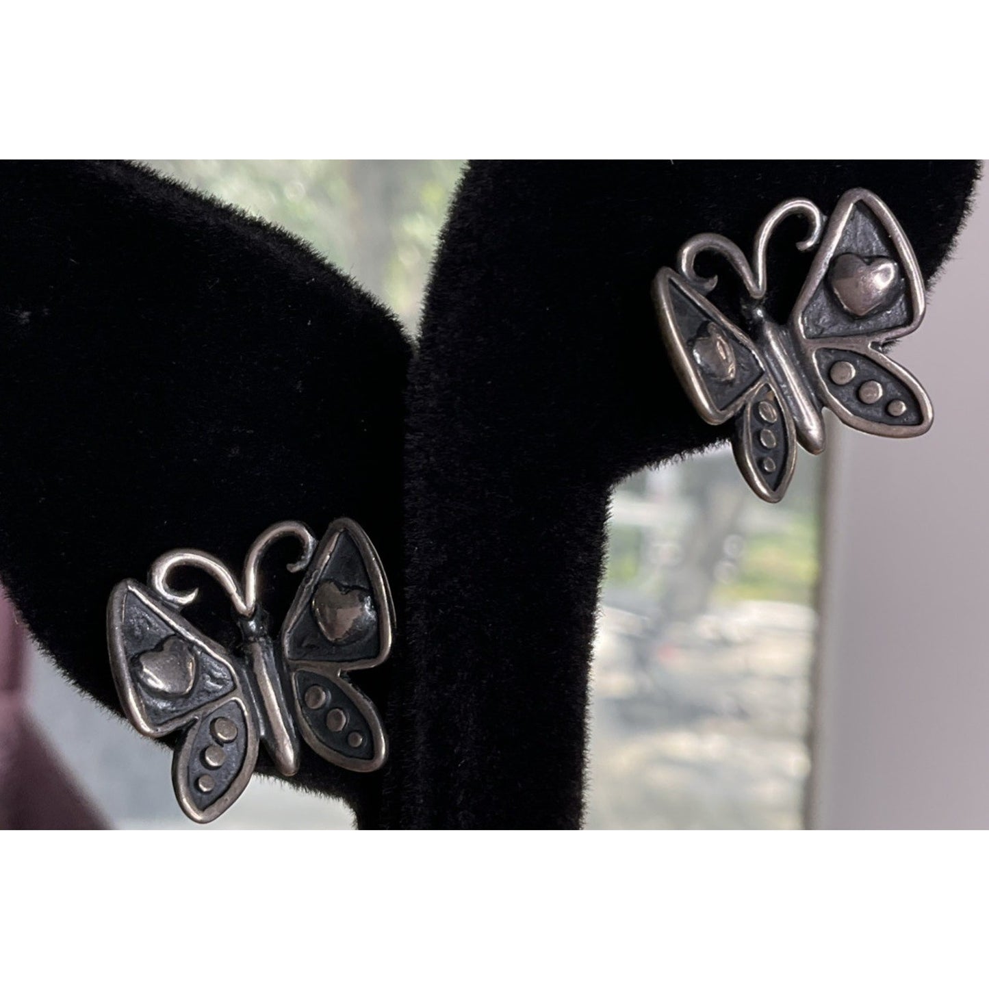 Vintage Sterling Silver Butterfly Heart Mariposa Pierced Earrings Oxidized