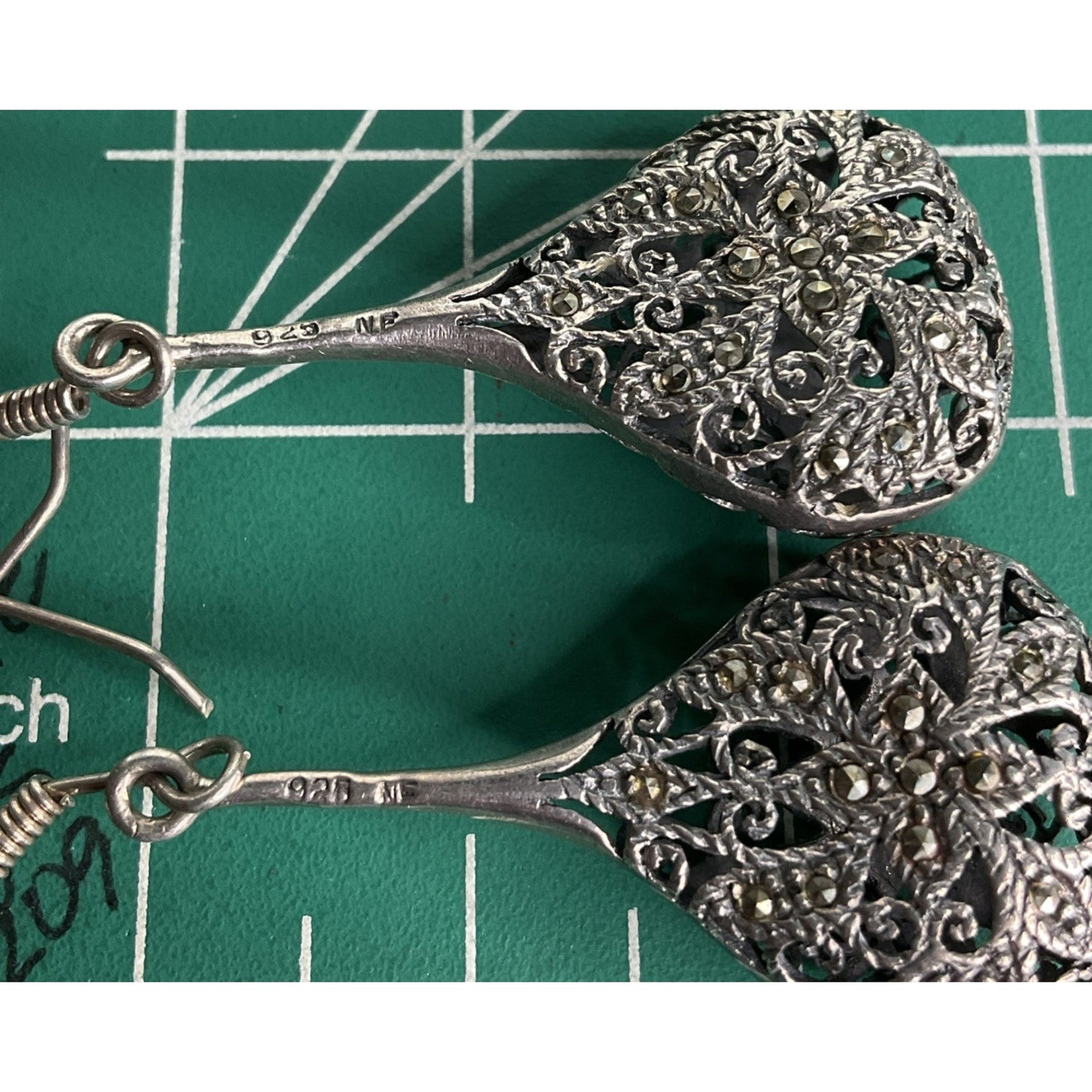NF Sterling Marcasite Tear Drop Pendant Dangle Earrings Filigree Art Deco 17g!