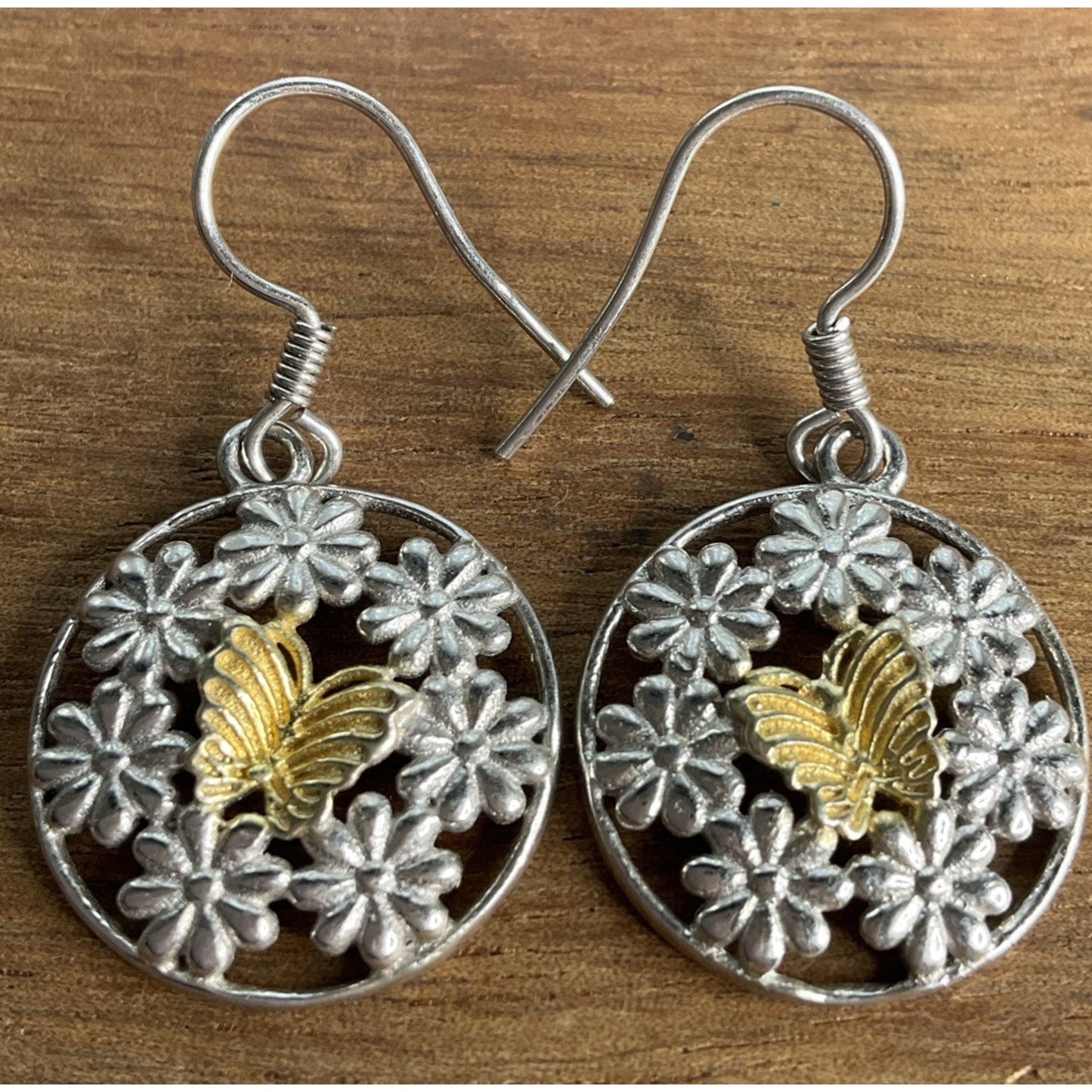 Vintage Sterling Silver Two Tone Butterfly Flower 1.5” Dangle Drop Boho Earrings