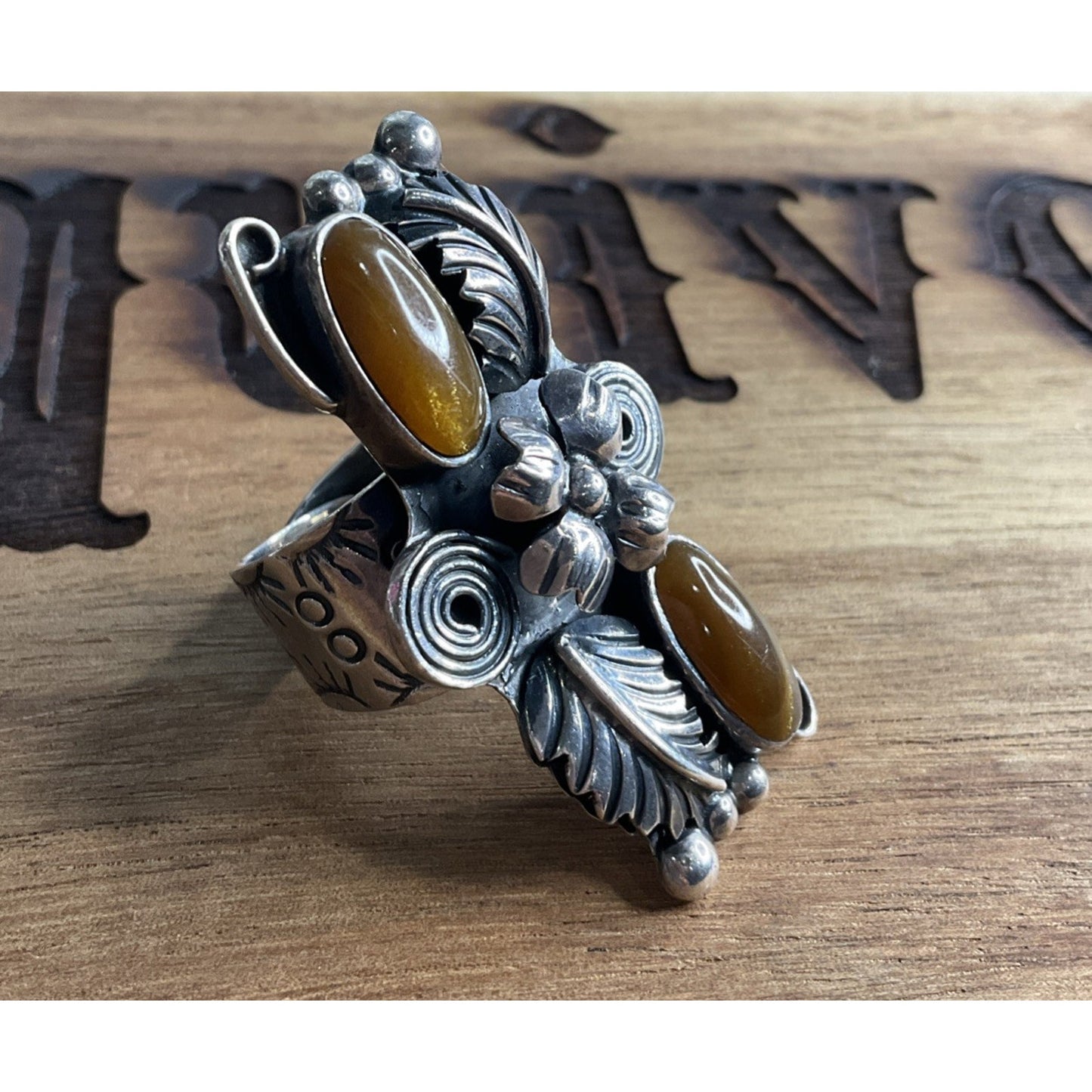 Esperanza Mexico 925 Sterling Silver Goldstone Ring Floral Adjustable Size 7.5