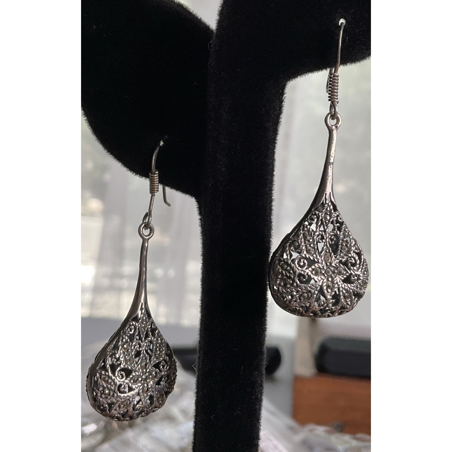 NF Sterling Marcasite Tear Drop Pendant Dangle Earrings Filigree Art Deco 17g!