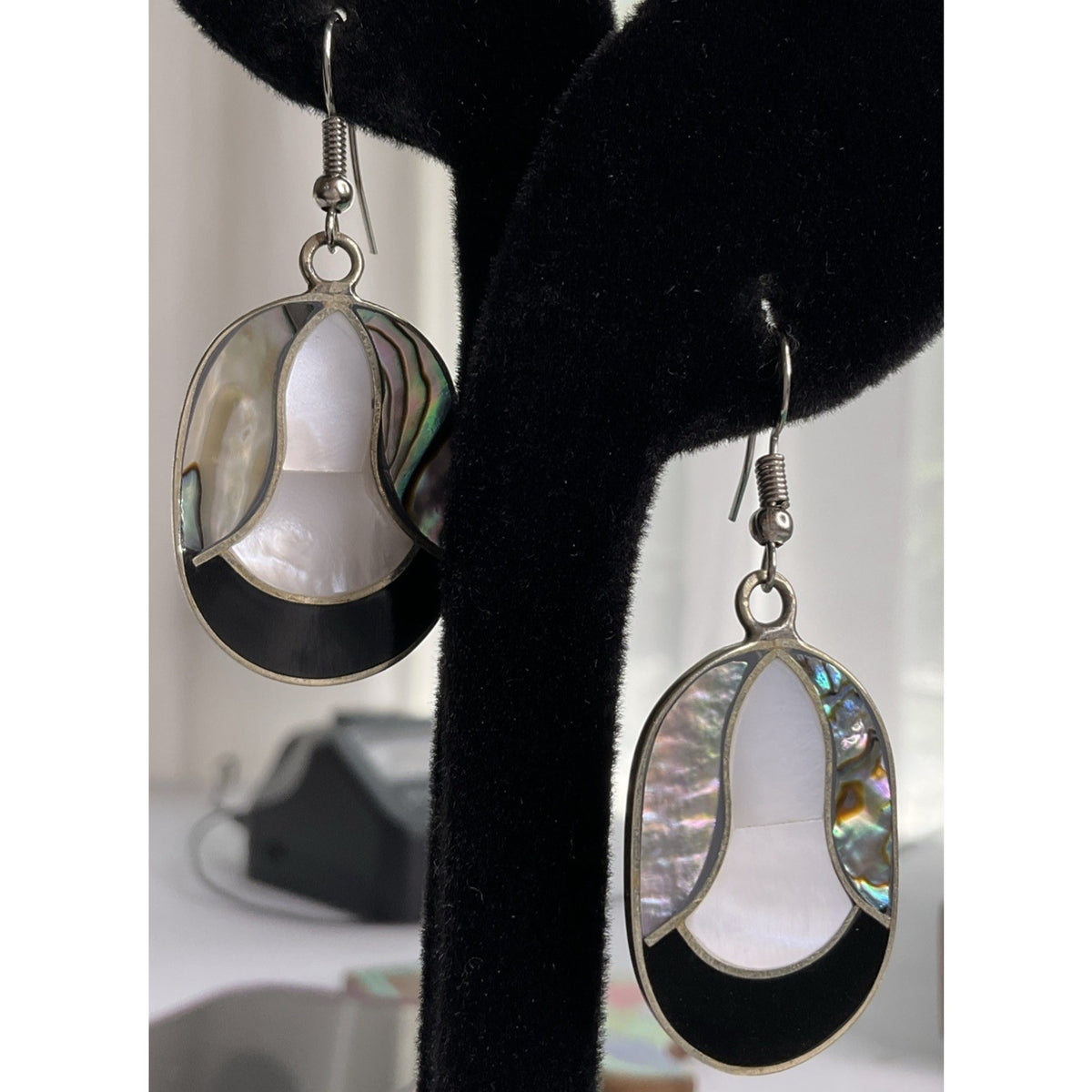 Vintage Alpaca Sterling Silver Mother of Pearl Abalone Inlay Dangle Earrings