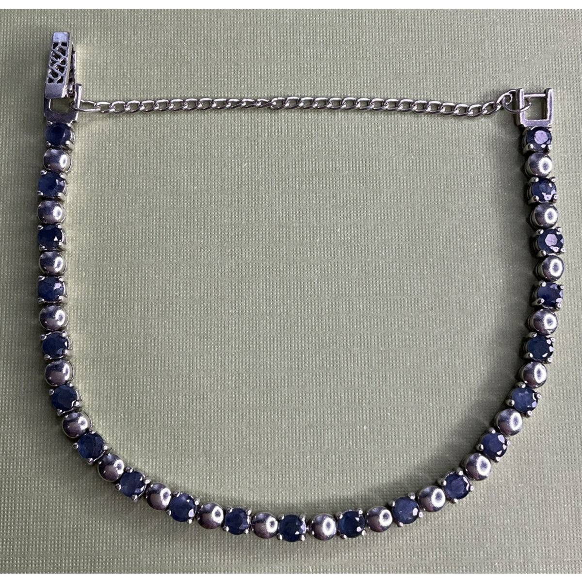 Vintage 925 Sterling Silver Blue Sapphire Tennis Bracelet 14g 7.25” Safety Chain