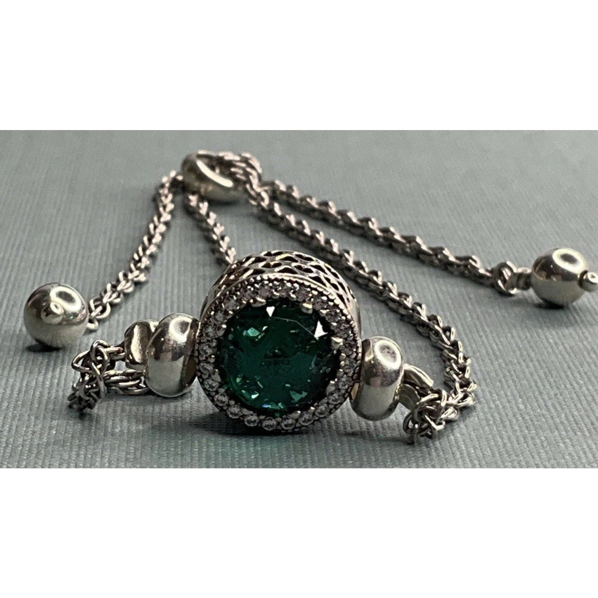 PANDORA ALE Sterling Silver Green Crystal Halo Slider Bracelet 6g