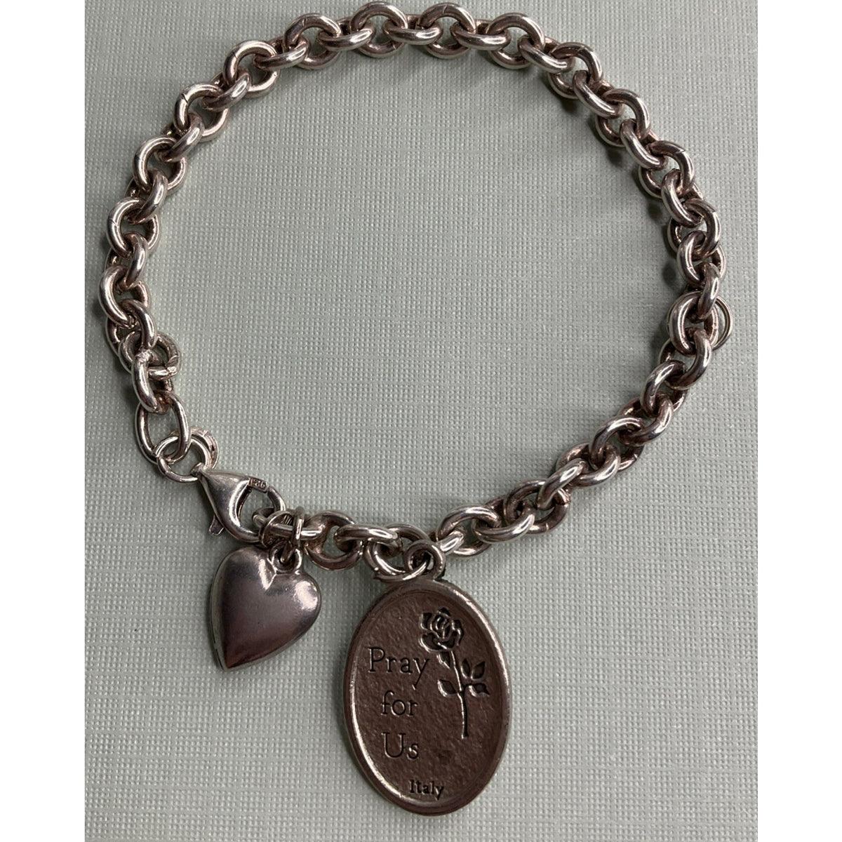 Vintage Italy Sterling Silver Guardian Angel Heart Charm Bracelet