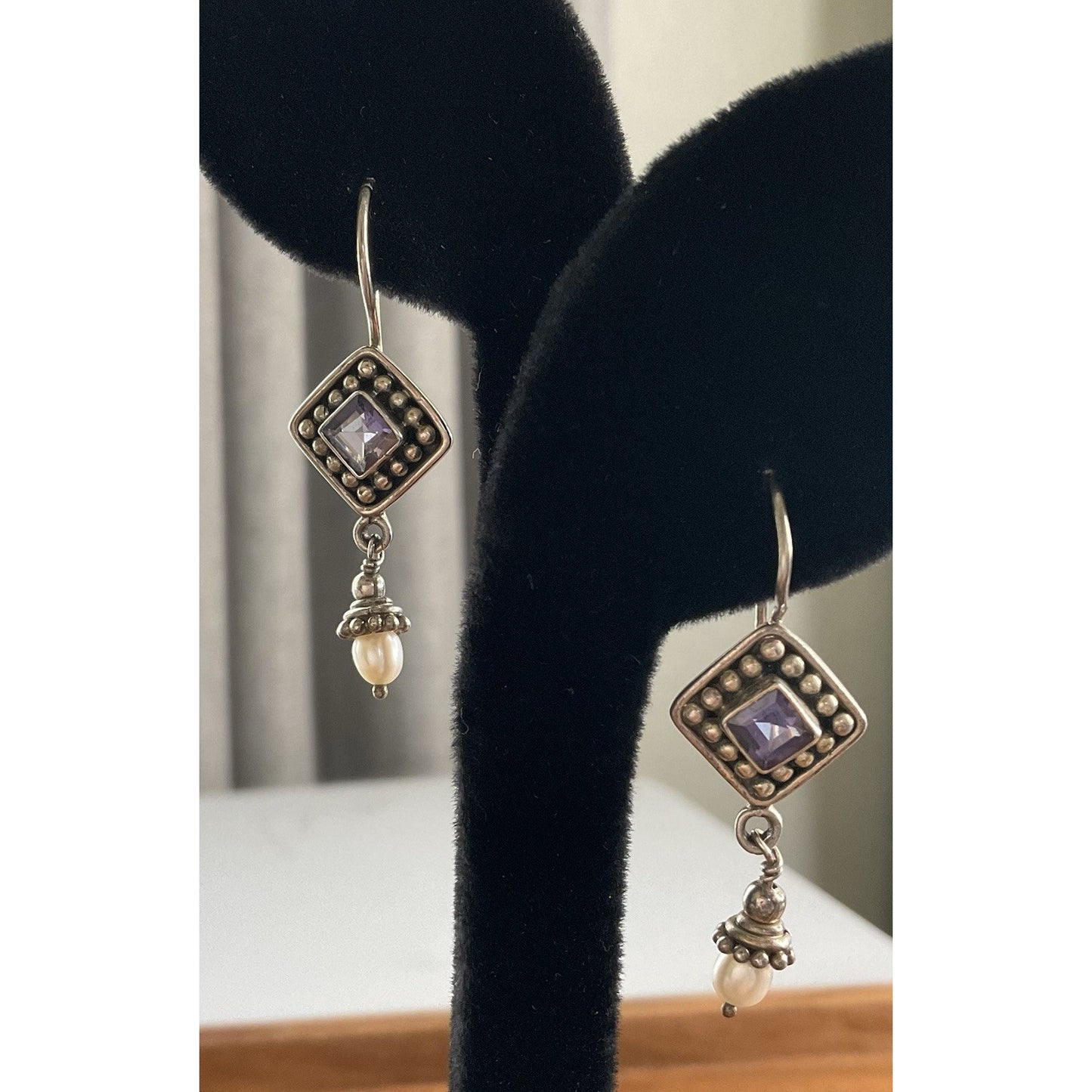 Sterling Silver Amethyst Pearl Dangle Earrings 925 Boho Artisan Drop