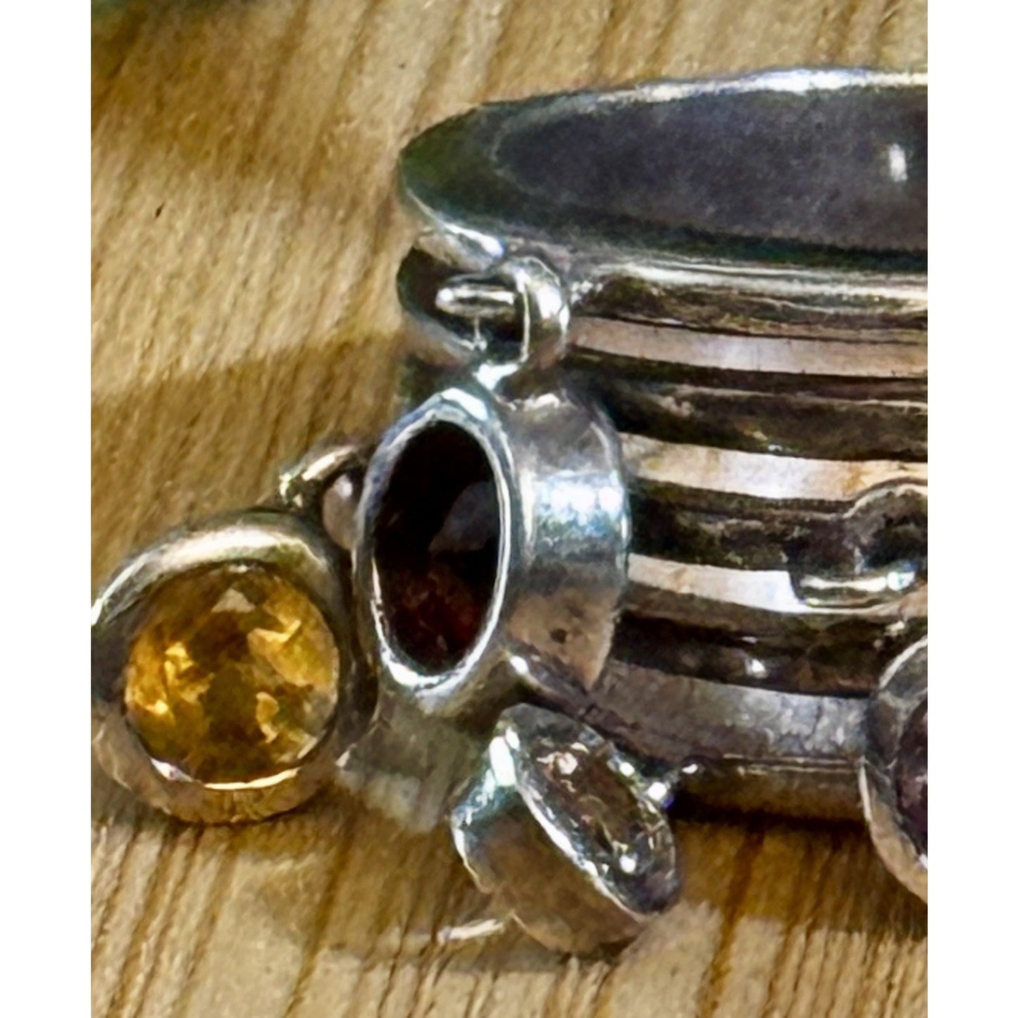 Vintage 90s Thai Sterling Silver Gemstone Dangle Ring Sz 8 Peridot Topaz Citrine