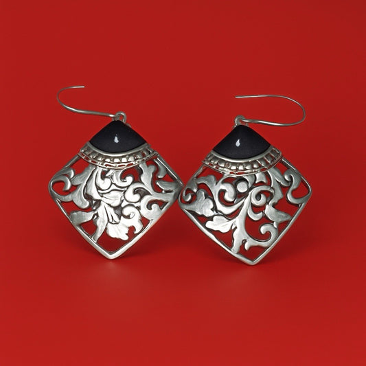 Vintage Sterling Silver Black Onyx Filigree Dangle Earrings Signed CFJ 5gr