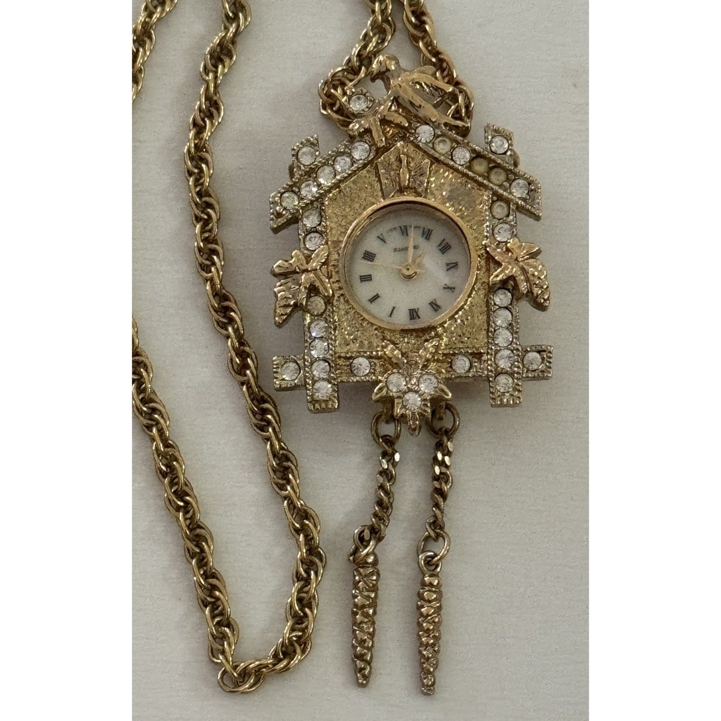 Vintage Lind 14KGE Rhinestone Cuckoo Clock Quartz Watch Brooch Pendant