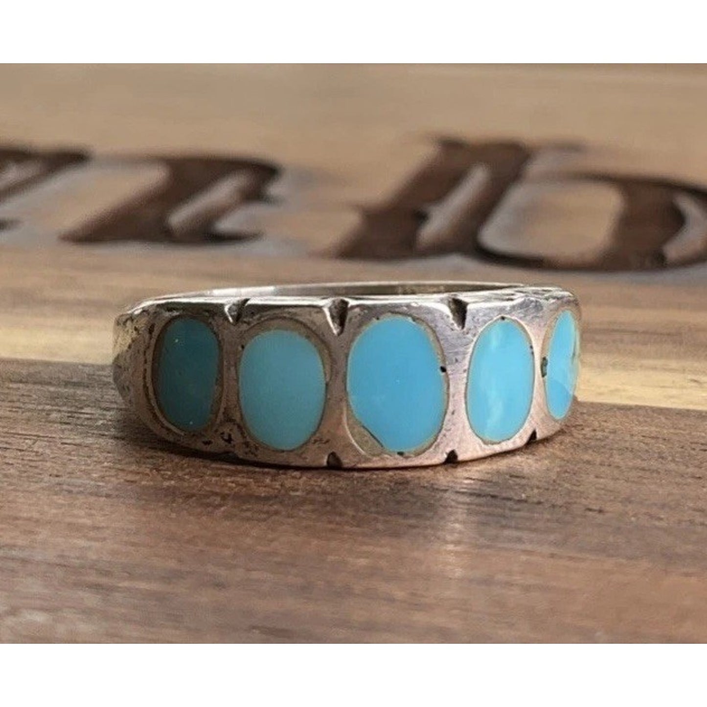 Vintage Sterling Silver Turquoise Inlay Band Ring Size 5 925 Southwestern