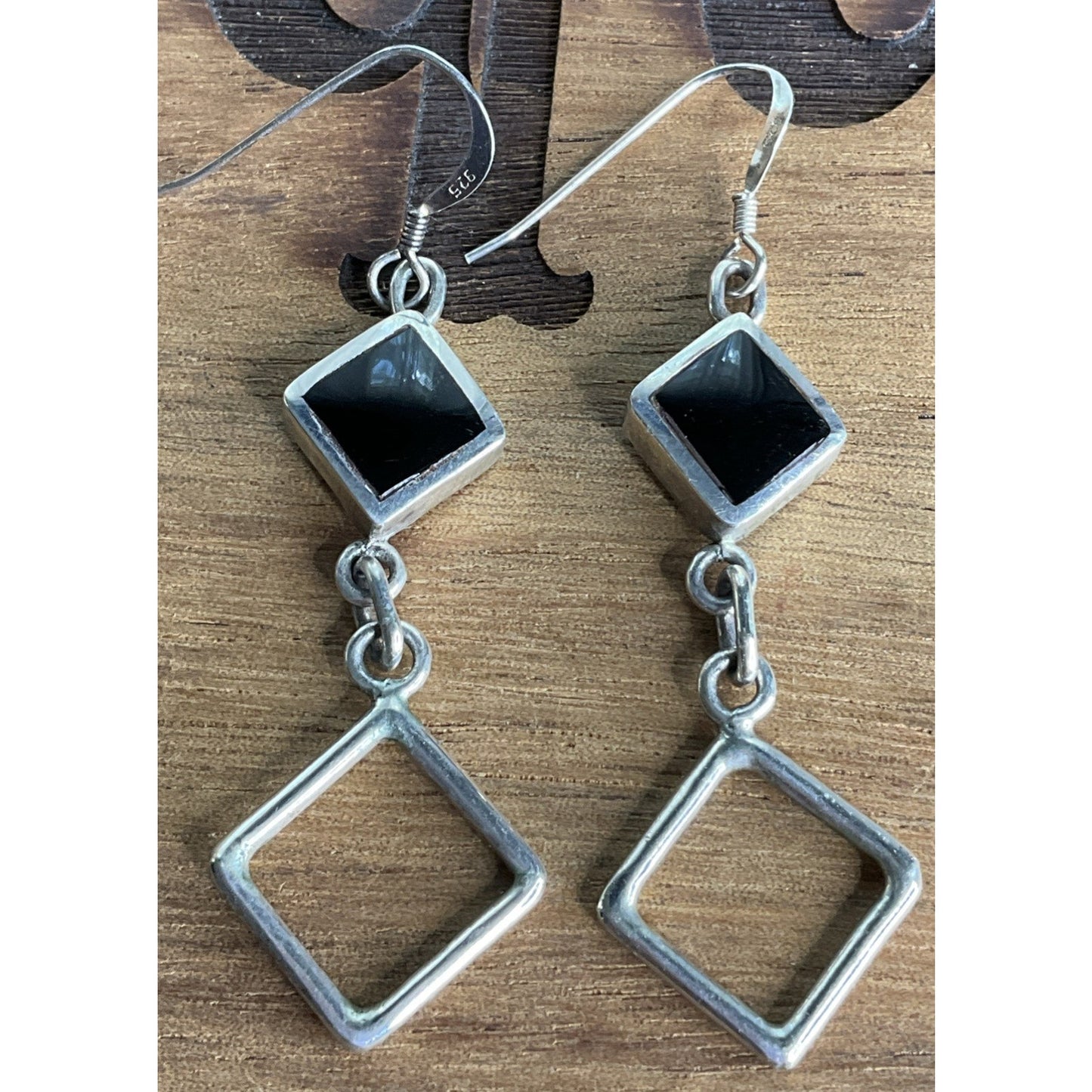 Vintage VC Sterling Silver Black Onyx Square Open Geometric Dangle Drop Earrings