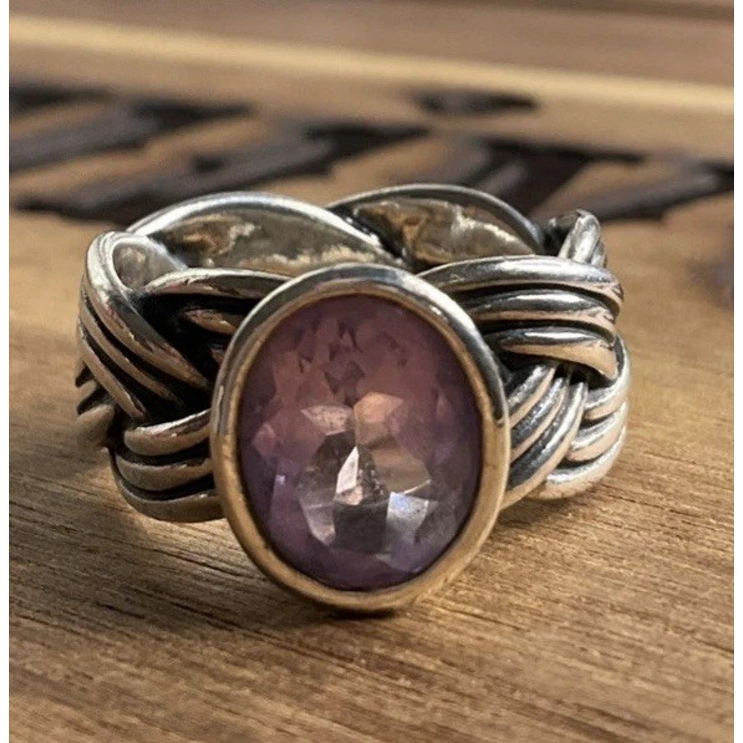 Retired Pandora ALE 925 Silver Purple Stone Ring Statement Woven Band Size 6