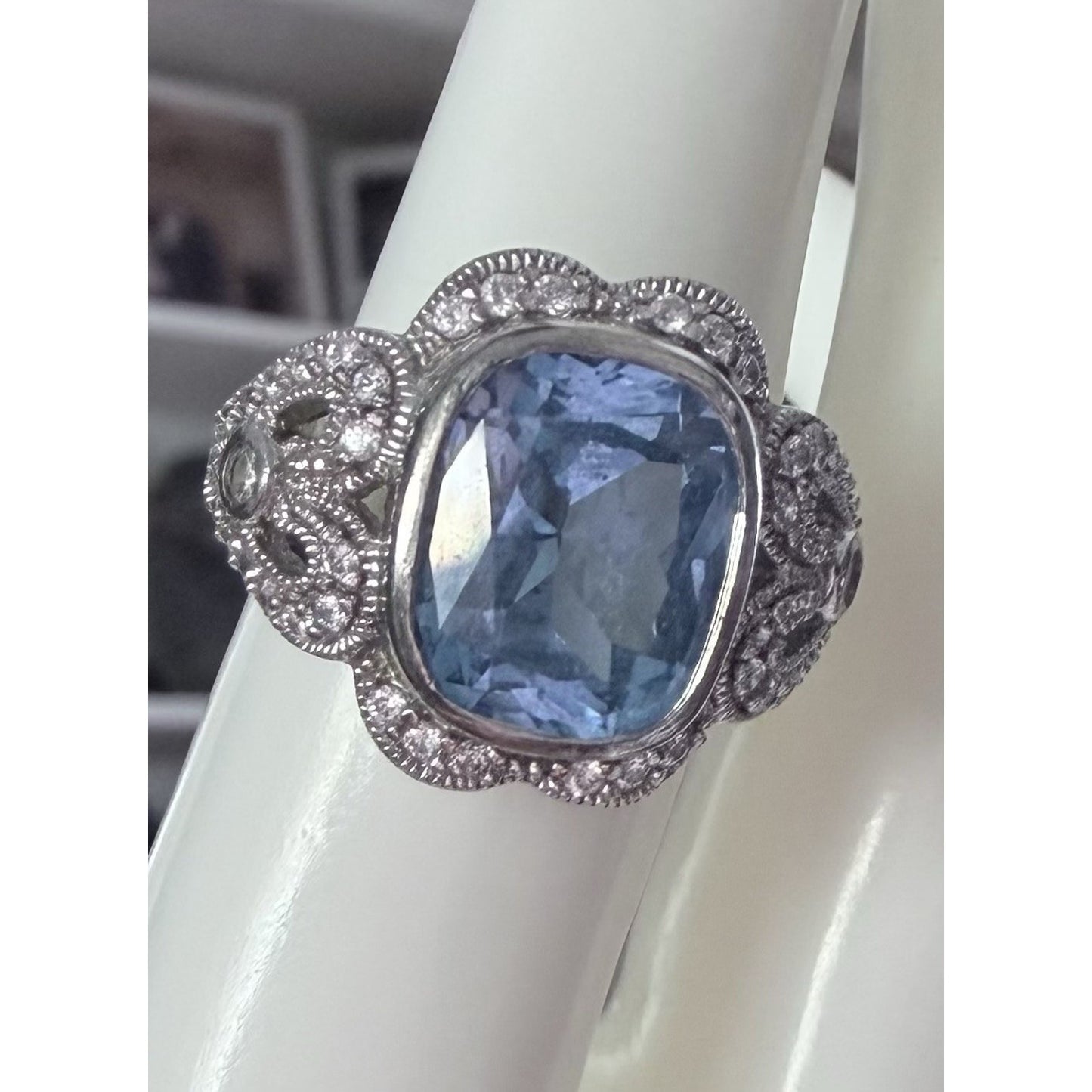 Vintage ESPO 925 Sterling Silver Blue Cushion Gemstone CZ Cocktail Ring Size 7.5