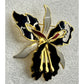 Vintage Cloisonné Orchid Flower Brooch Pin Gold Tone Black White Enamel Floral