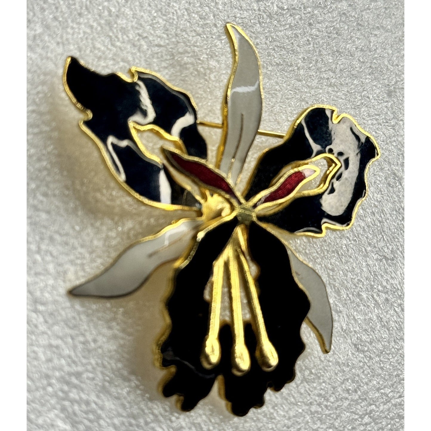 Vintage Cloisonné Orchid Flower Brooch Pin Gold Tone Black White Enamel Floral