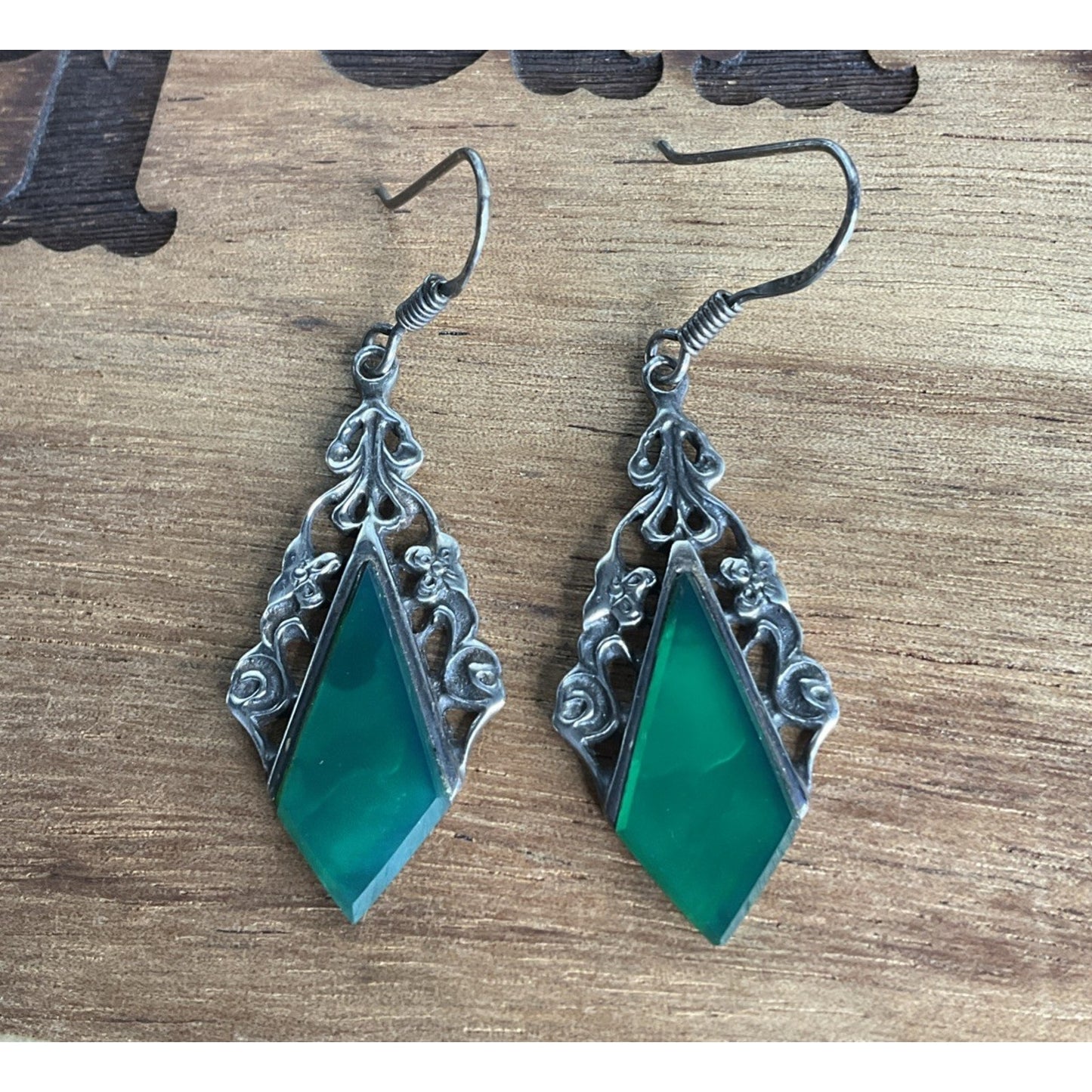 Vintage Green Onyx Art Nouveau Vines Sterling Silver Earrings