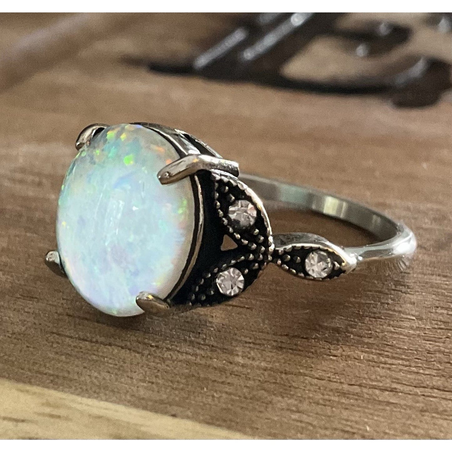 Vintage Sterling Silver Opal Ring Size 7.5 Oval Fire Opal Style Statement Ring