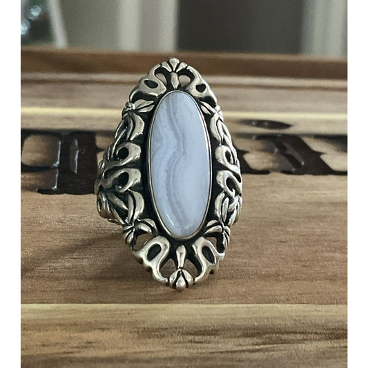Vintage Sterling Silver Carolyn Pollack Oval Blue Agate Filigree Ring Size 7