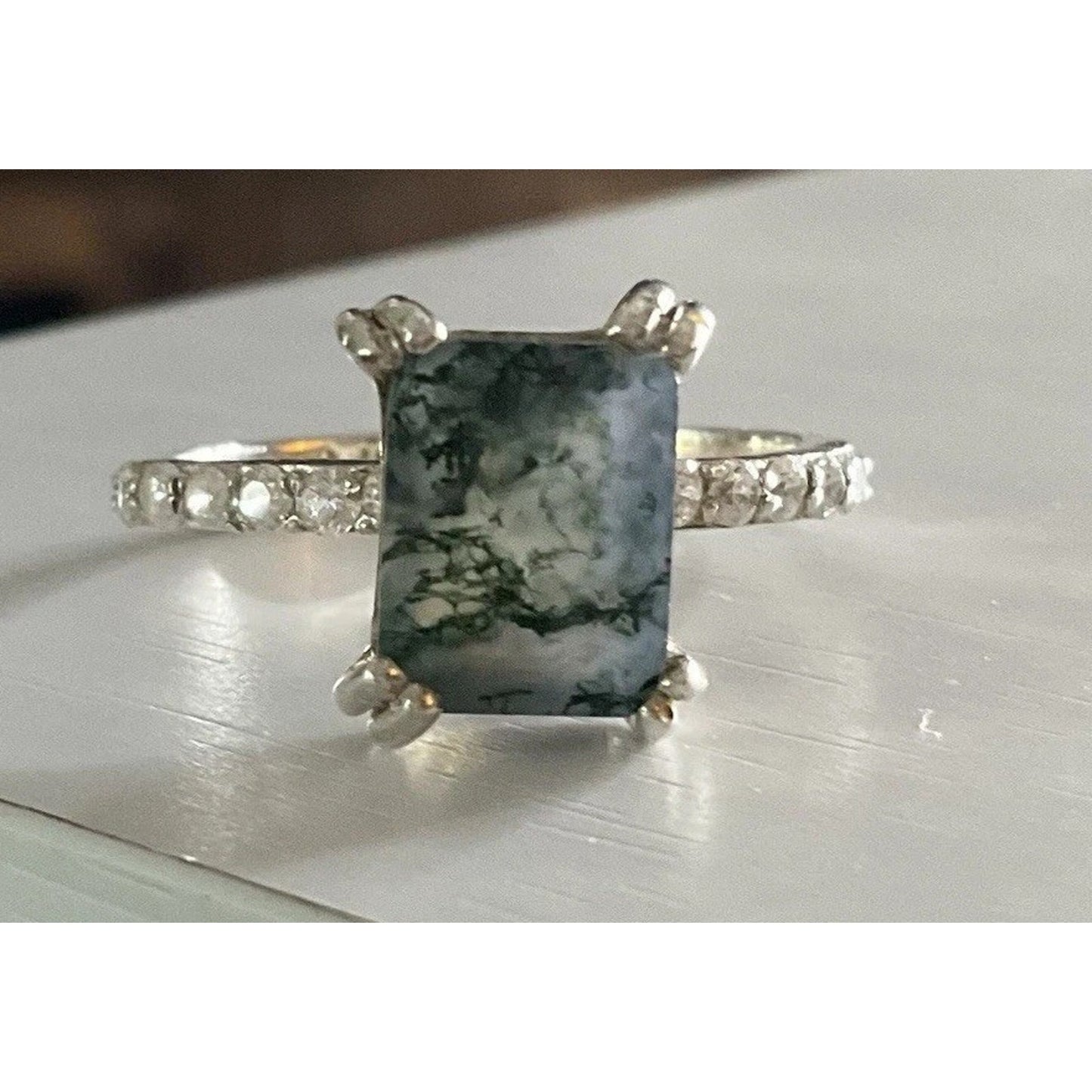 Vintage Sterling Silver Moss Agate Ring Size 8 Emerald Cut Dendritic Style 925