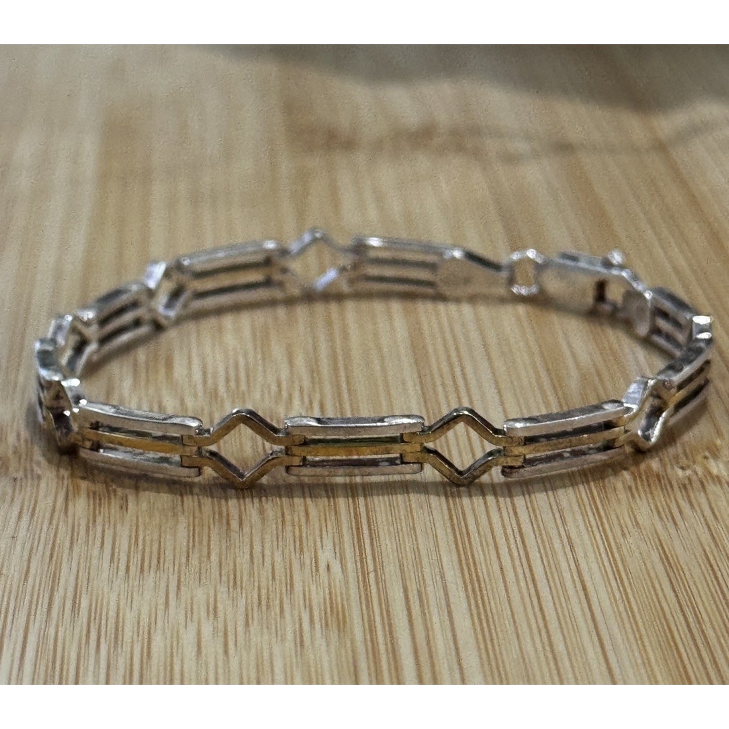 Vintage Italy 925 Sterling Silver And Gold Two Tone Geometric Link Bracelet 7.5”