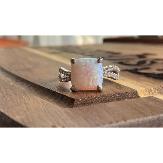 AK 925 Sterling Silver Opal Ring Size 7.5 Cushion Cabochon CZ