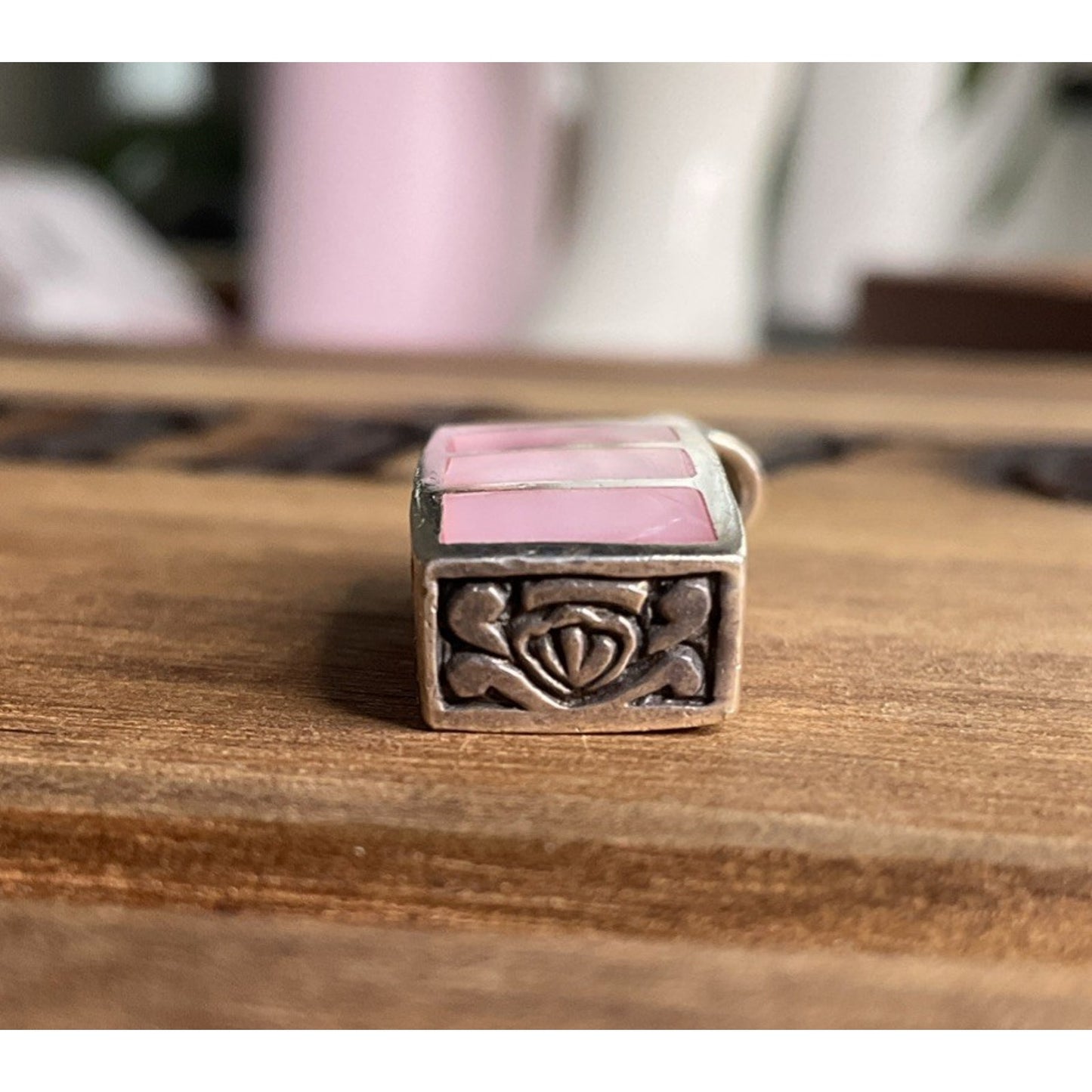 Vintage 925 Sterling Silver Pink Mother of Pearl Inlay Pendant Rectangular