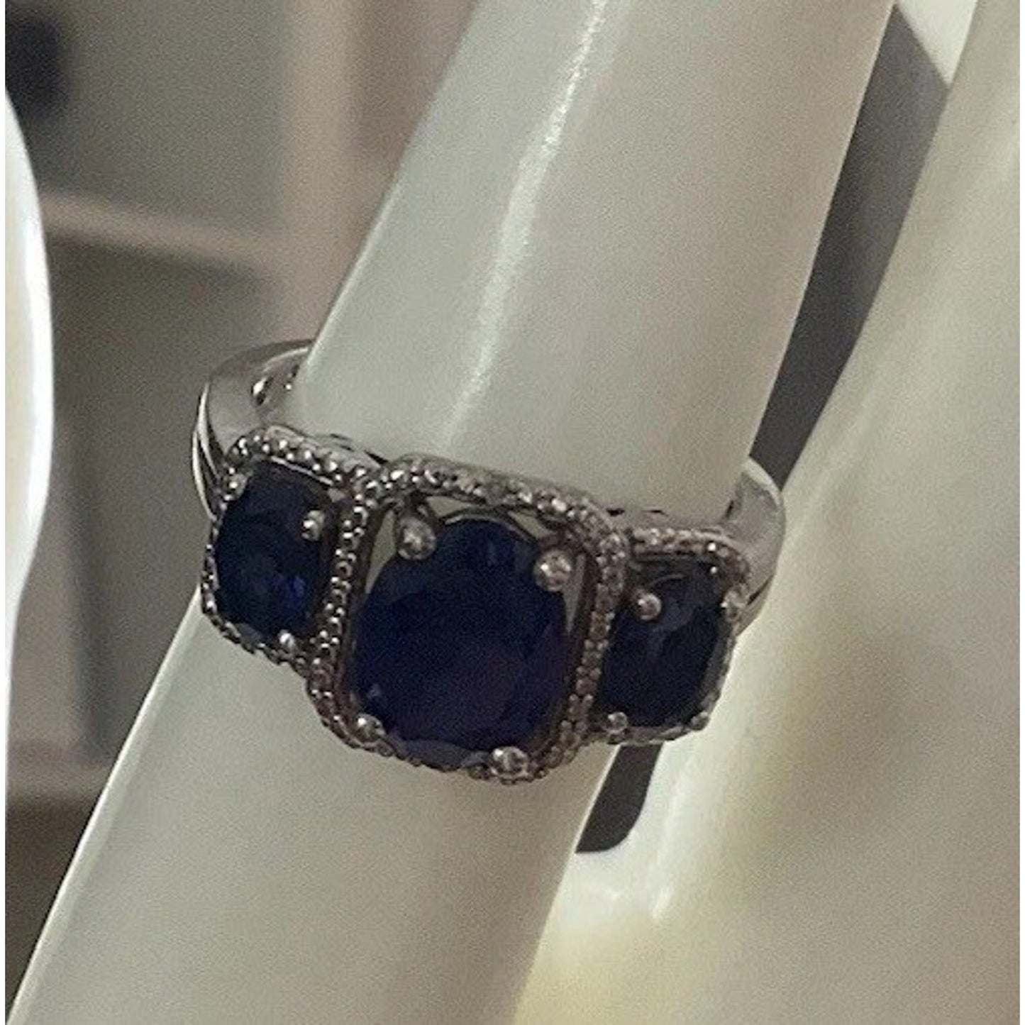 SAI Sterling Silver Blue Sapphire Blue 3 Stone Ring 925 Milgrain Setting Size 8