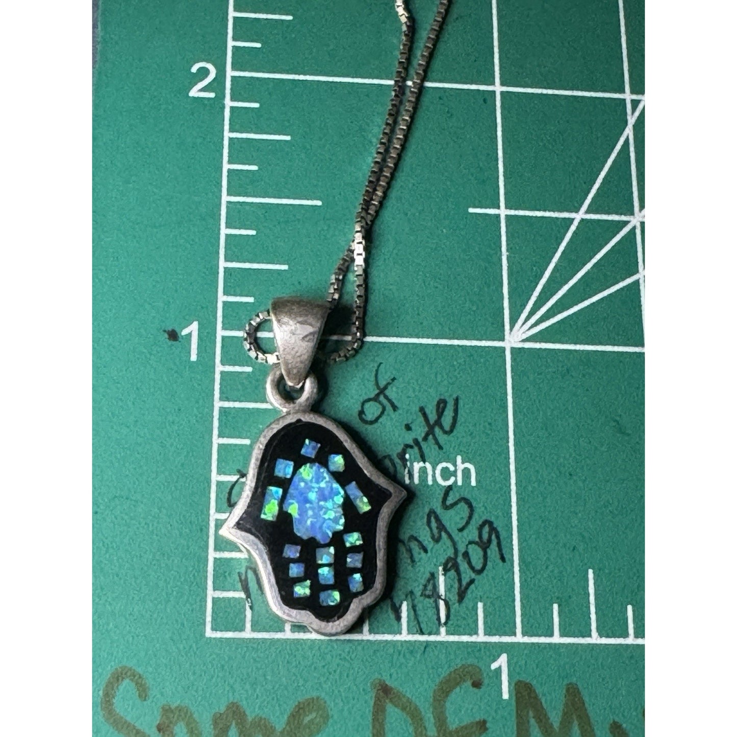 Vintage Sterling Silver Mosaic Opal Hamsa Hand Pendant Or Charm W/ 16” Necklace