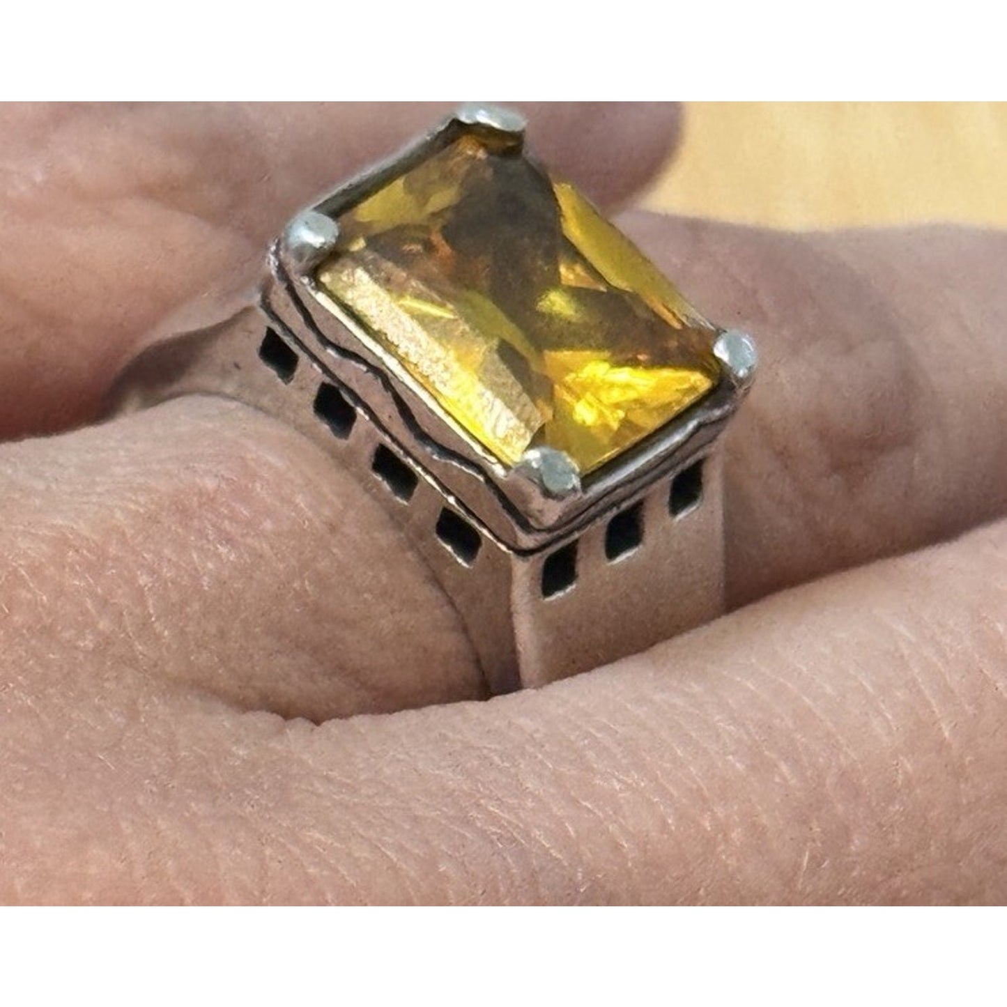 Vintage EX EX Sterling Silver 4-5 Carat Citrine Emerald Cut 925 Ring Size 8, 15g