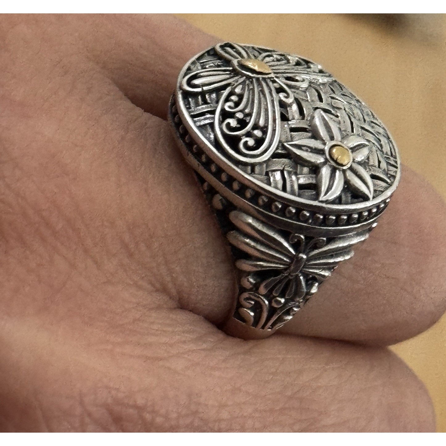 Robert Manse M ID 925 Sterling and 18K Gold Dragonfly Flower Sz 8.5 Bali 7g
