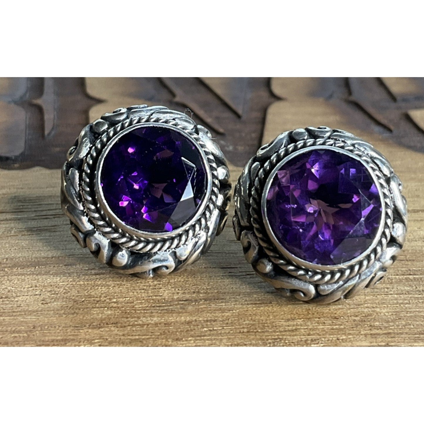 Vintage Sterling Silver Amethyst Purple Bali Stud Earrings