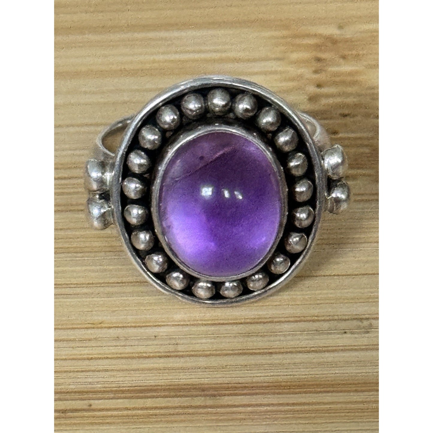 Amethyst Cabochon Sterling Silver Beaded Purple Gemstone Ring Size 7.5 India