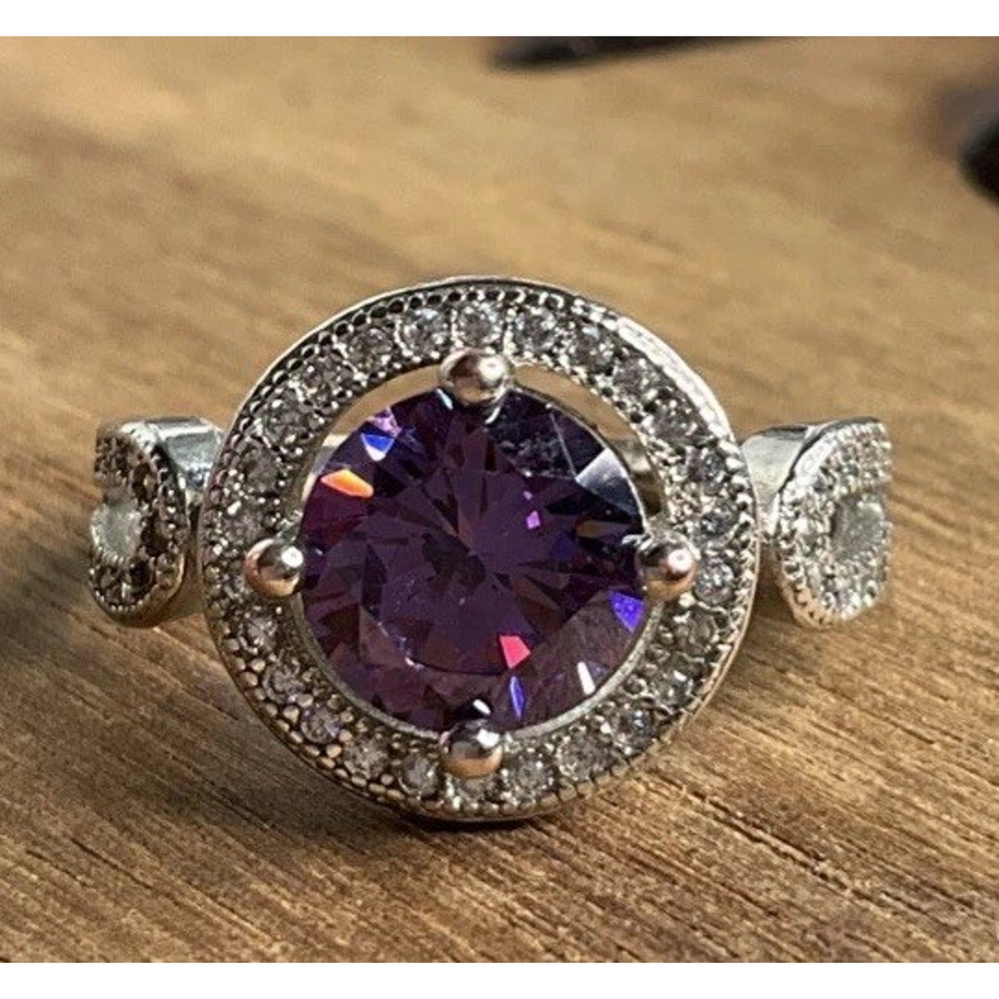 Sterling Silver Purple Halo Ring S925 Vintage Style CZ Size 6.5