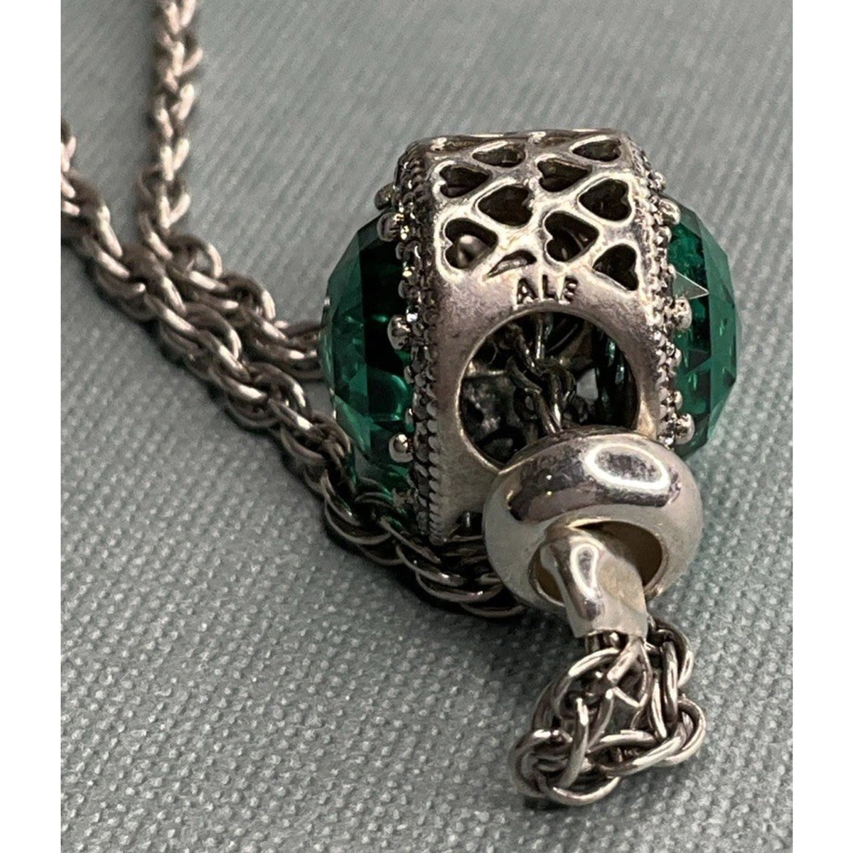 PANDORA ALE Sterling Silver Green Crystal Halo Slider Bracelet 6g