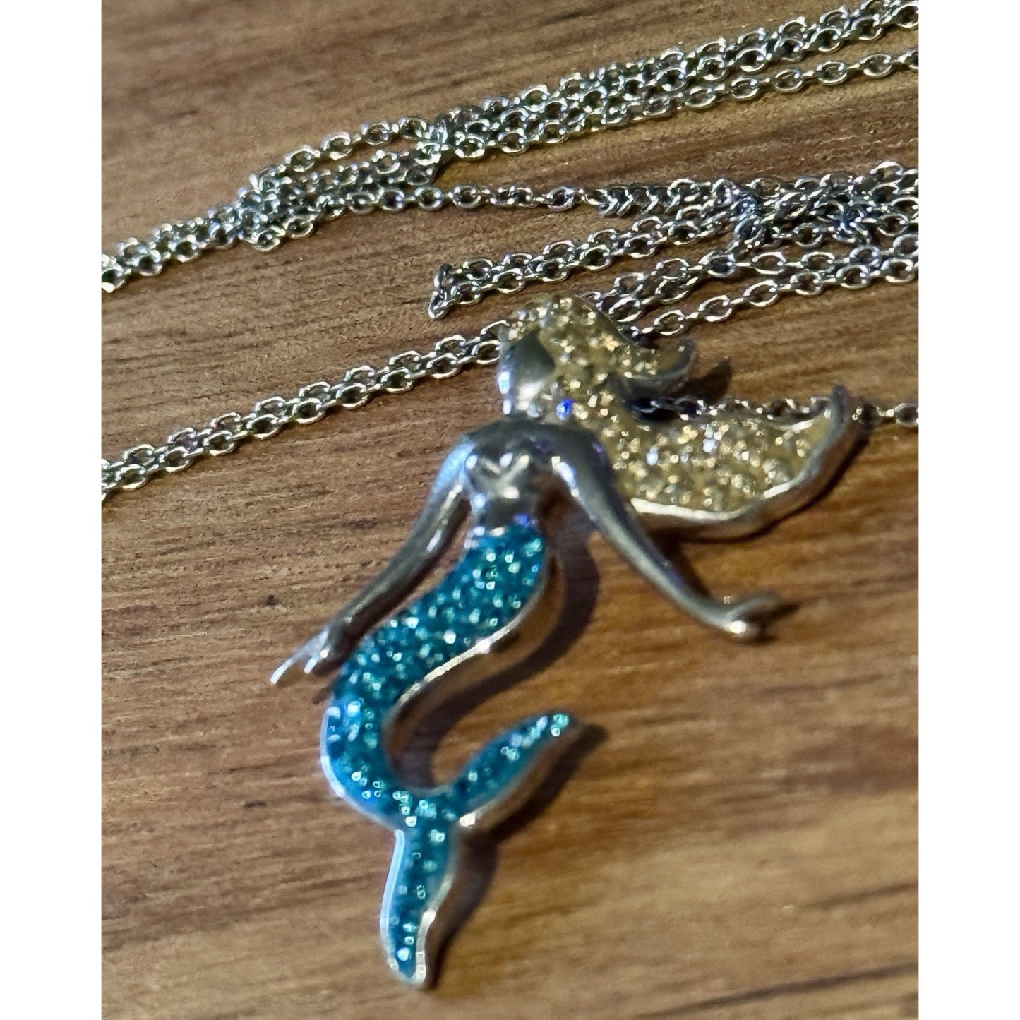 Sterling Silver Mermaid Pendant Blue & Gold Crystal Tail With 21” Necklace 925
