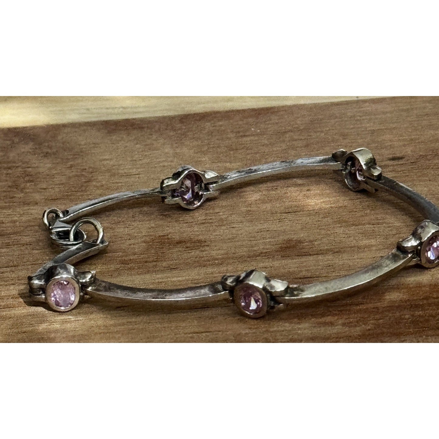 Vintage Pink Tourmaline Sterling Silver 5 Stone Link Bracelet 7.5” 90s - Y2K