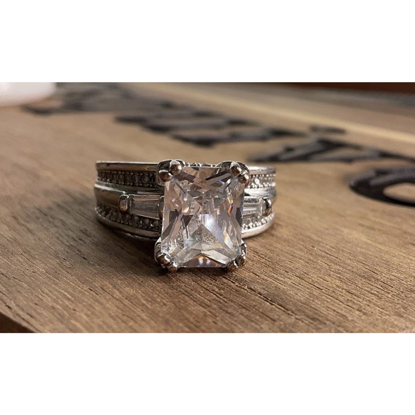 Large Square Cut CZ Ring Multi Band Sterling Silver Statement Ring 8.5