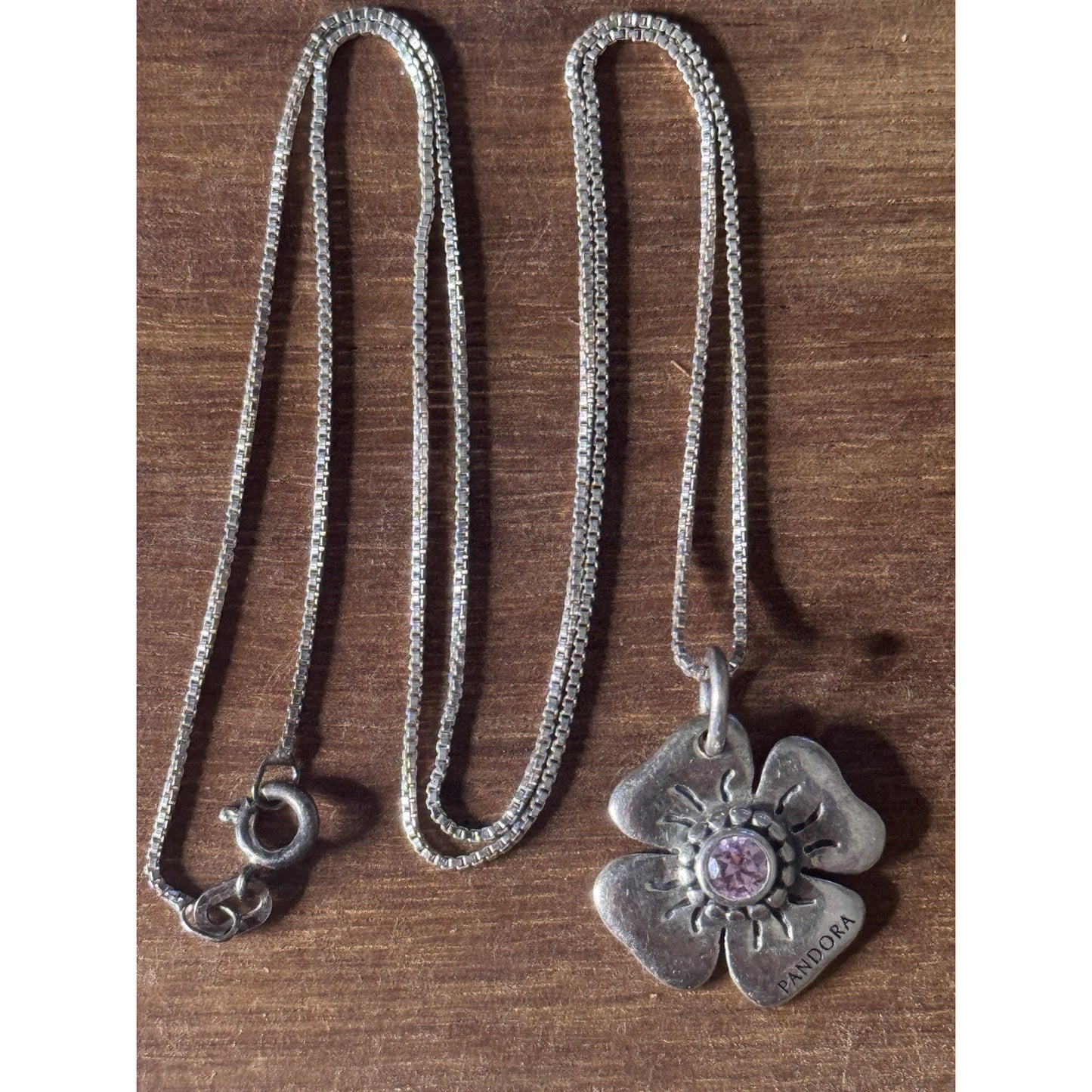 Pandora Sterling Silver Flower With Pink CZ Stone And 925 Necklace 18”, 5.4g